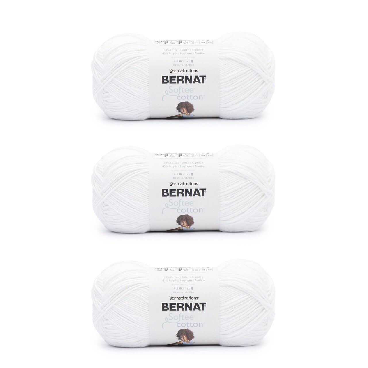 Bernat Softee Cotton Clear White Yarn - 3 Pack of 120g/4.25oz - Nylon - 3 DK (Light) - 254 Yards - Knitting/Crochet